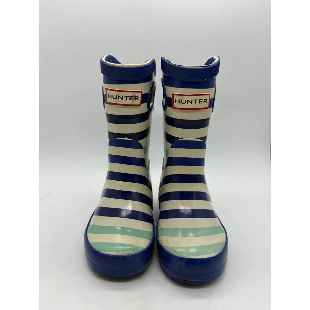 Hunter Target Kids Rain Boots Size 5 Blue Teal Striped Pull-On Rubber